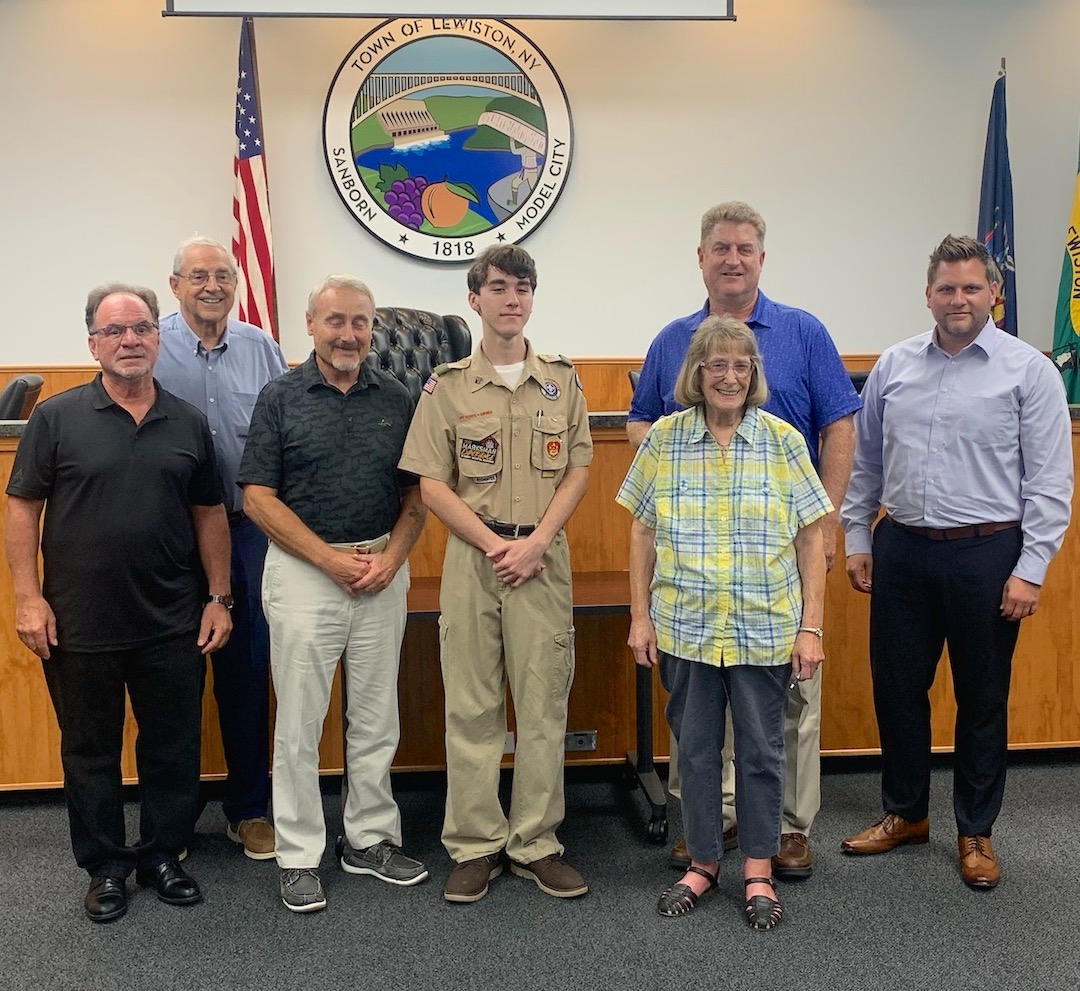 Lewiston Town Board members are shown with Historian Marjorie Maggard acknowledging Troop 855 Scout Ryan Edward Davis for his rehab work at the Ways Evans Scovell Cemetery. (Submitted photo)
